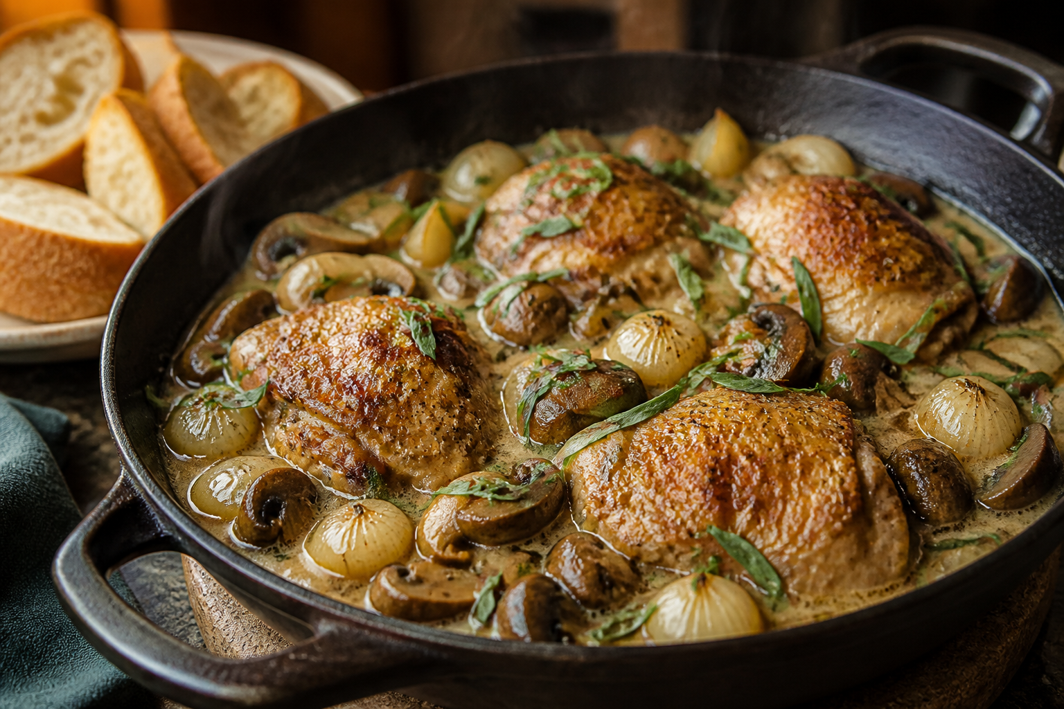 Braised chicken thighs with pearl onions and mushrooms in white wine sauce
