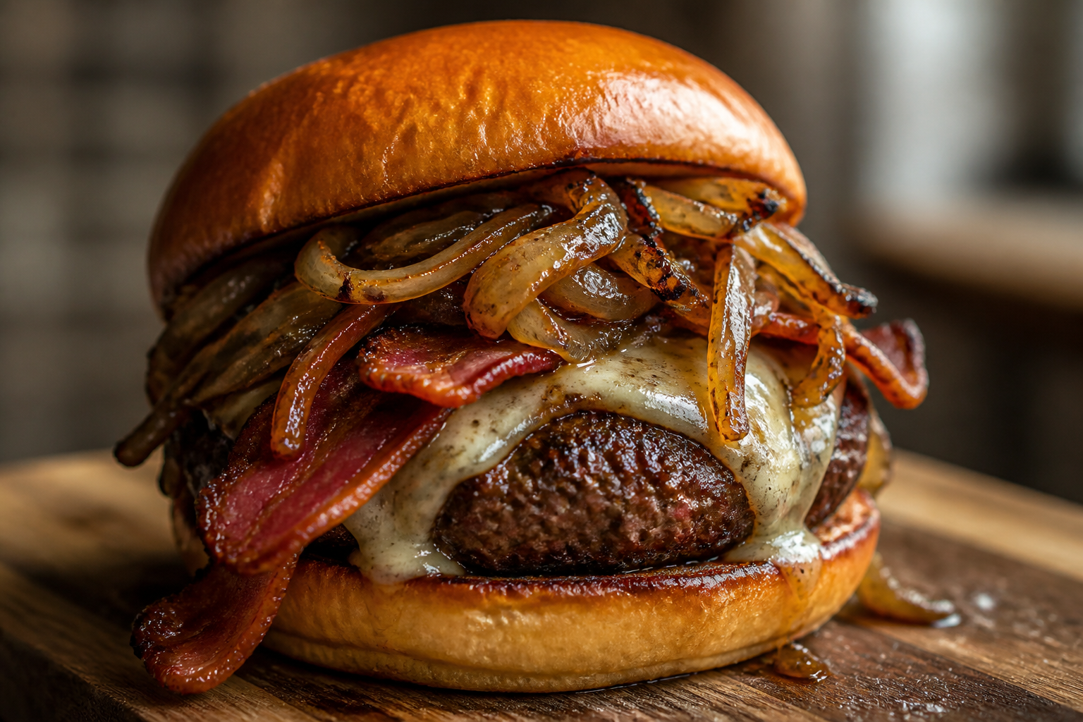 10 Creative Burger Topping Ideas 12 Burger with caramelized onions, aged cheddar, and crispy bacon on toasted brioche bun