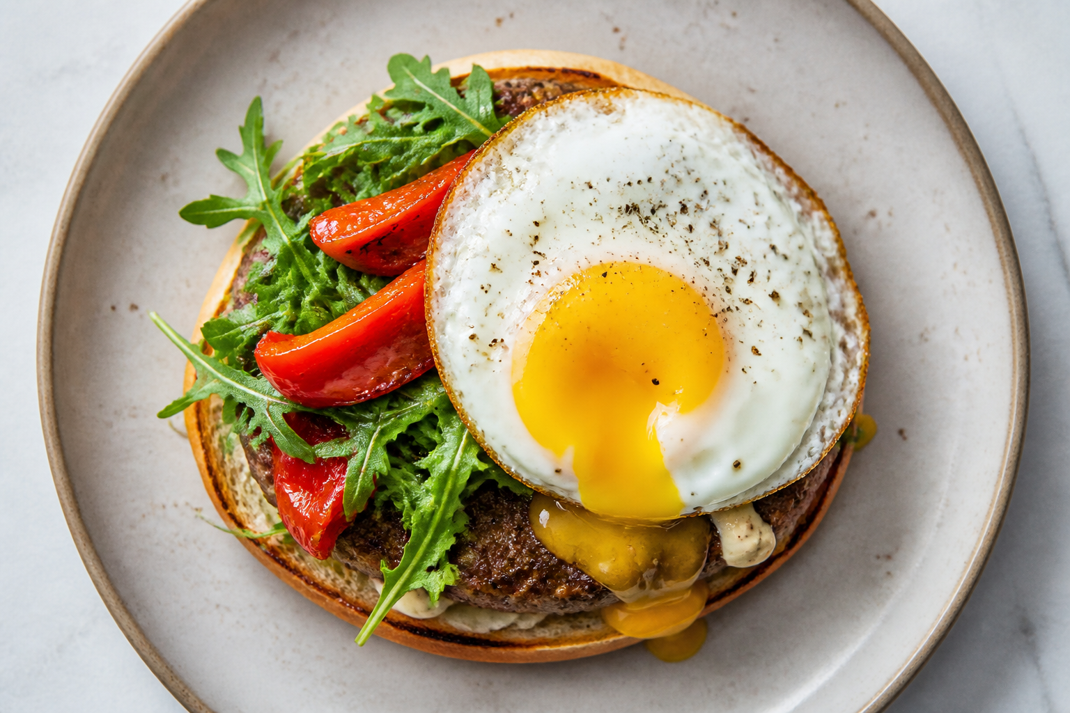 10 Creative Burger Topping Ideas 13 Burger topped with fried egg, arugula, roasted red peppers, and garlic aioli