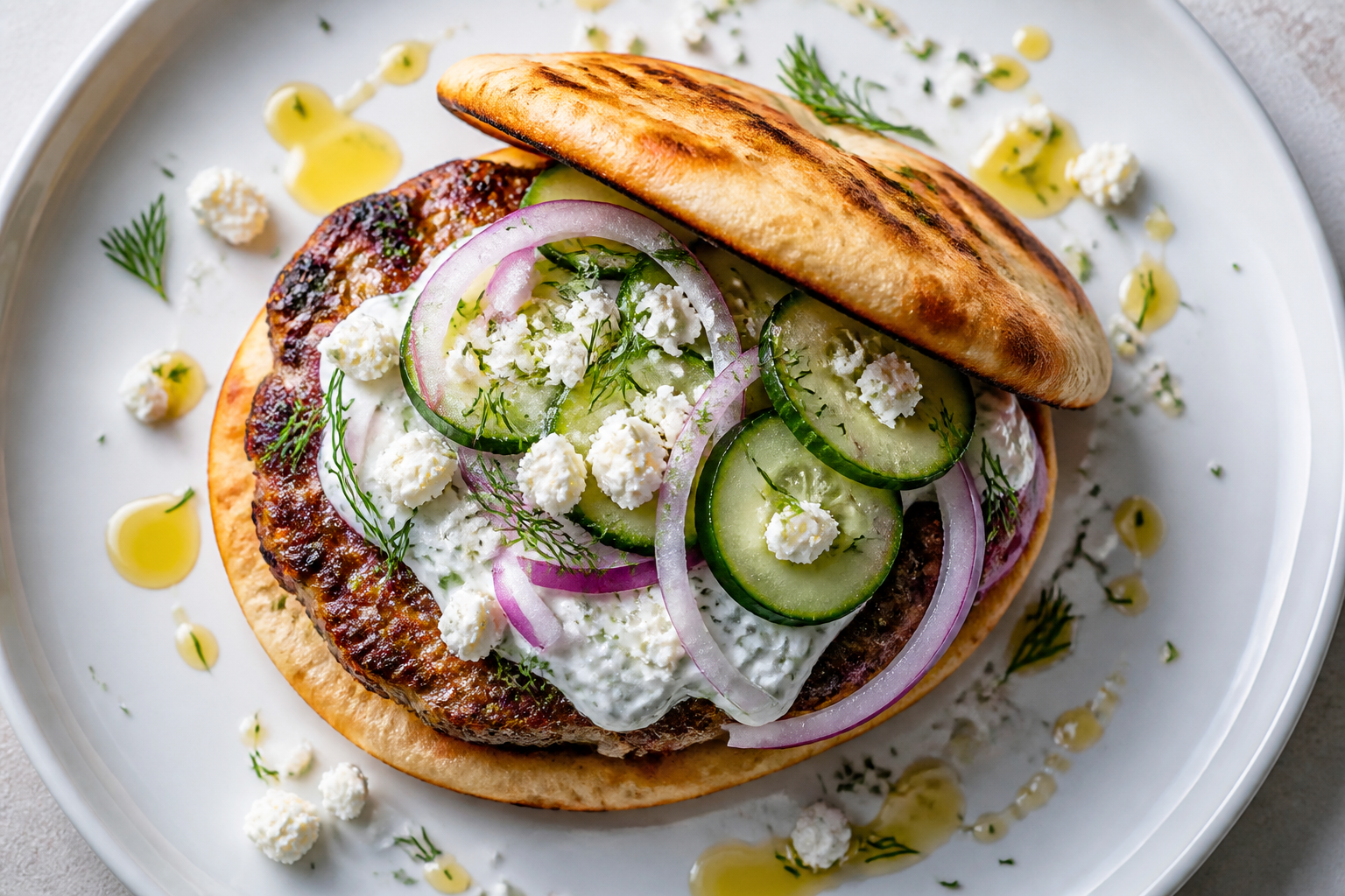 10 Creative Burger Topping Ideas 16 Greek-style burger with tzatziki, feta cheese, cucumbers, red onion, and fresh dill