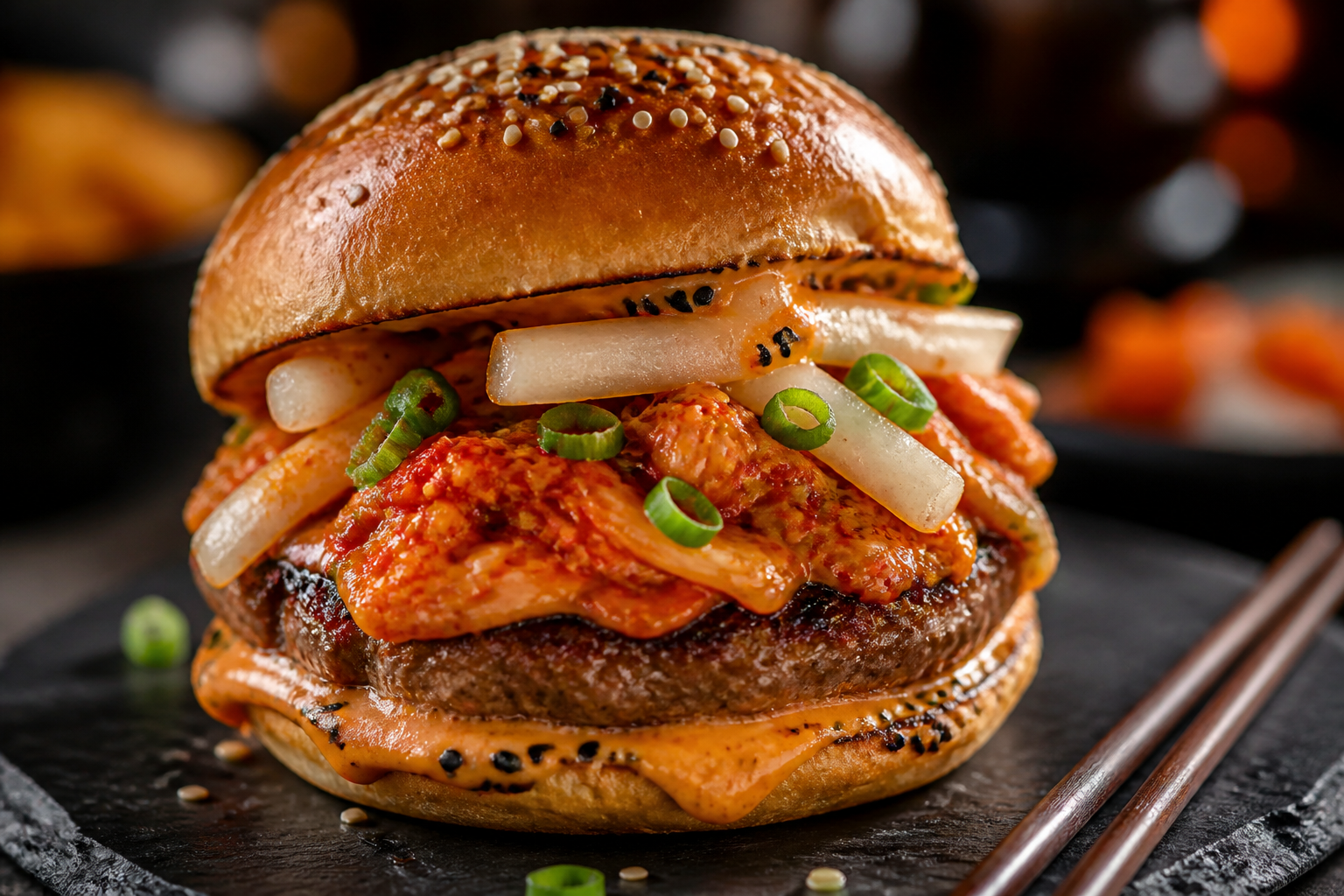 10 Creative Burger Topping Ideas 15 Korean-inspired burger with kimchi, gochujang mayo, pickled daikon, and sesame seeds