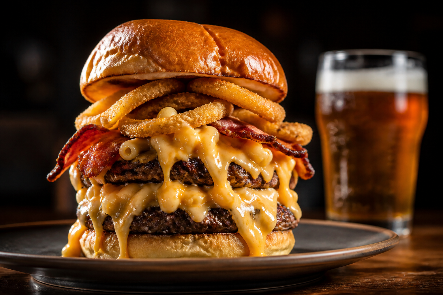 10 Creative Burger Topping Ideas 19 Loaded double burger with mac and cheese, bacon, onion rings, and cheddar sauce