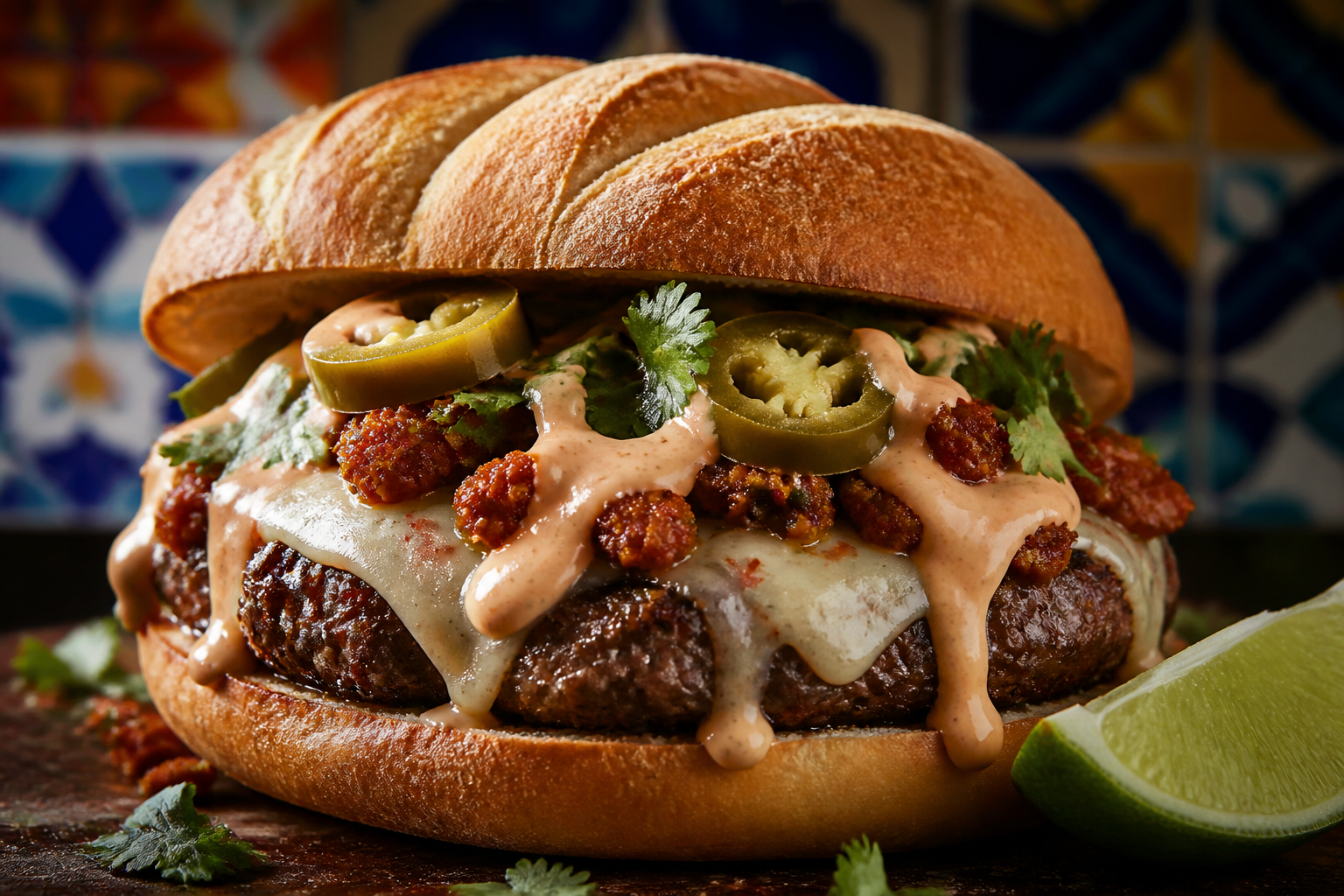 10 Creative Burger Topping Ideas 18 Mexican-style burger with chorizo, pepper jack cheese, pickled jalapeños, and chipotle crema