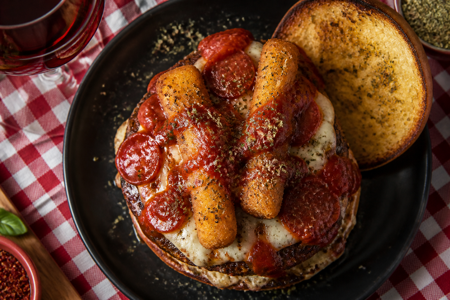 10 Creative Burger Topping Ideas 21 Pizza-inspired burger with fried mozzarella sticks, marinara sauce, and pepperoni