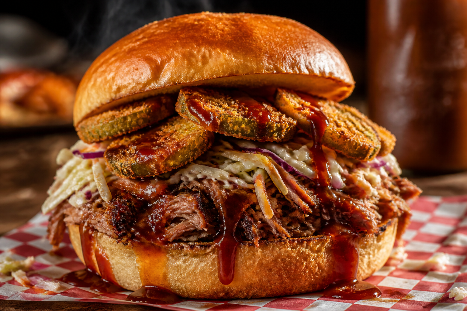 10 Creative Burger Topping Ideas 20 Burger topped with pulled pork, coleslaw, fried pickles, and barbecue sauce