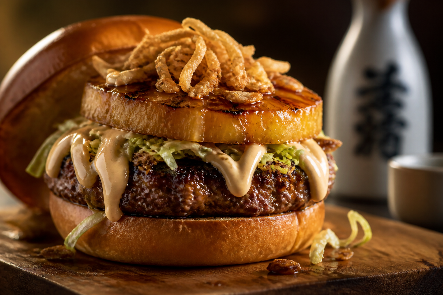 10 Creative Burger Topping Ideas 17 Teriyaki burger with grilled pineapple, Japanese mayo, and crispy fried onions