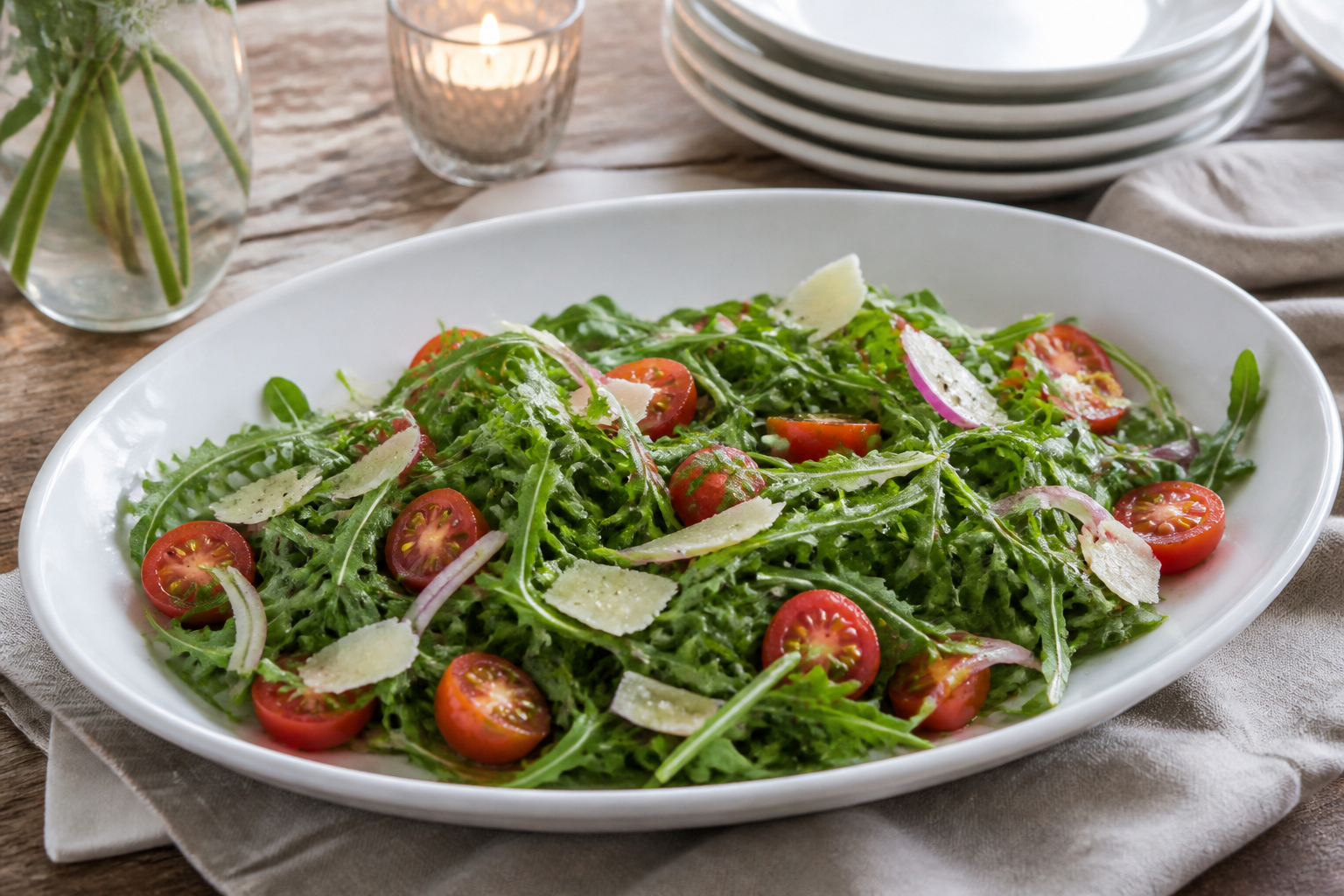 15 Grilled Steak Side Dish Ideas 28 Arugula salad with parmesan, cherry tomatoes, and balsamic vinaigrette on white platter