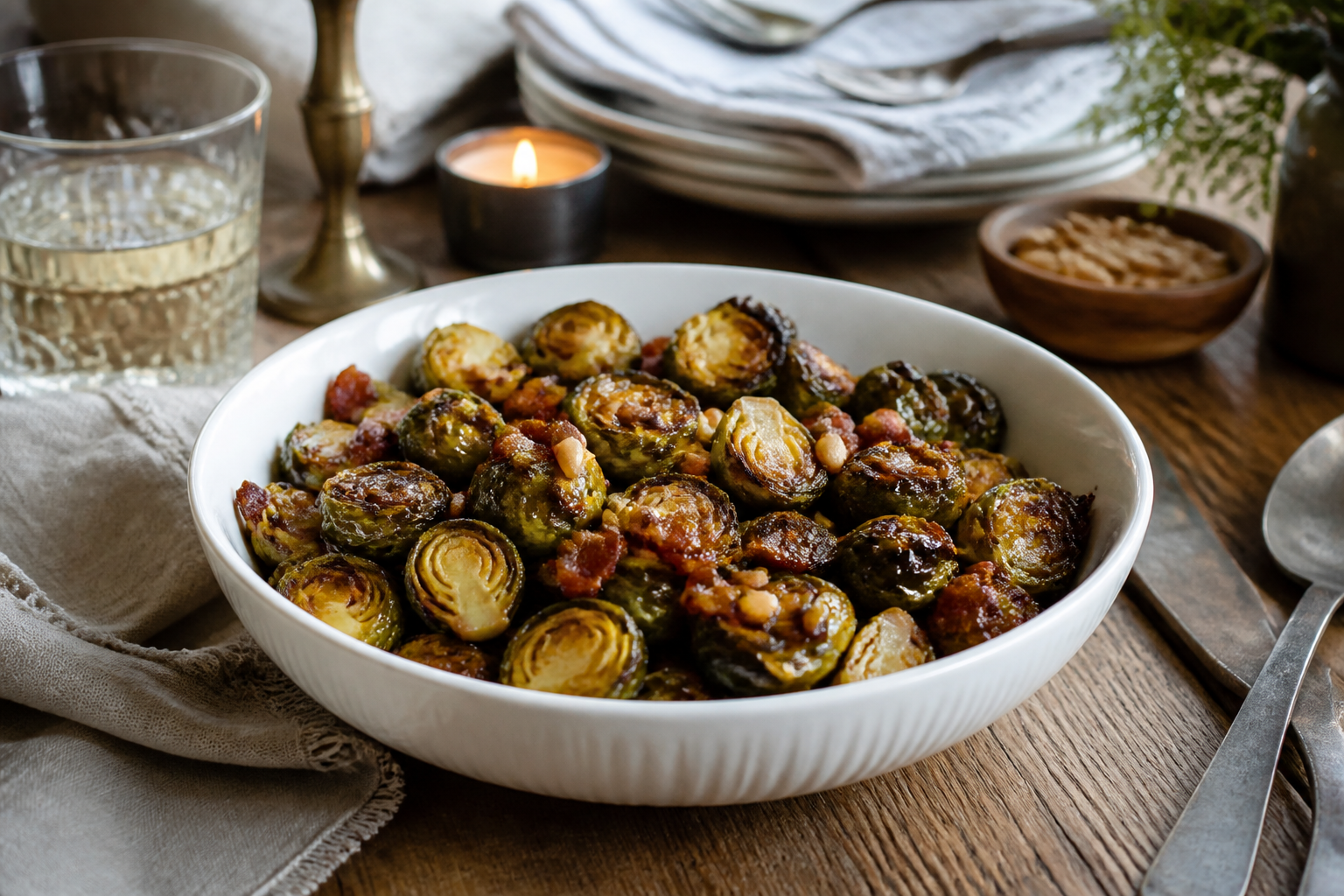 15 Grilled Steak Side Dish Ideas 31 Roasted Brussels sprouts with pancetta and balsamic in white bowl