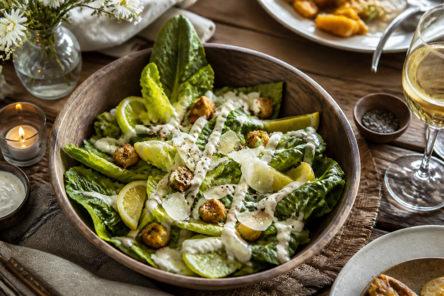 15 Grilled Steak Side Dish Ideas 27 Caesar salad with romaine, parmesan, croutons, and Caesar dressing in wooden bowl