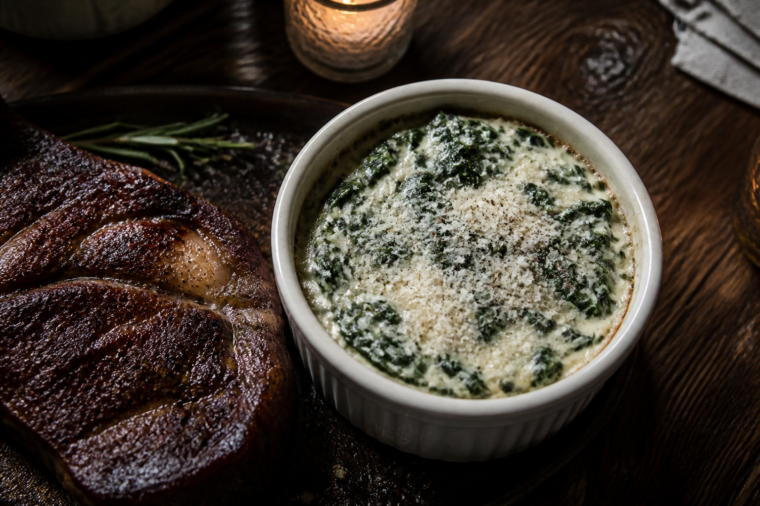 15 Grilled Steak Side Dish Ideas 17 Creamed spinach in white ramekin next to grilled steak on wooden table