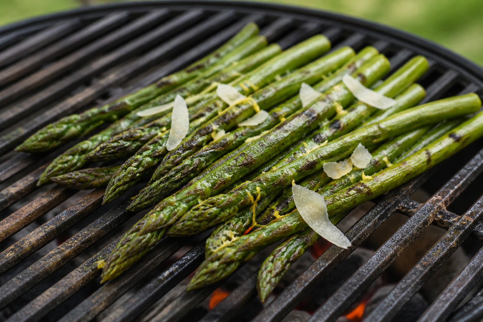 15 Grilled Steak Side Dish Ideas 20 Grilled asparagus with char marks, olive oil, and parmesan on grill grate