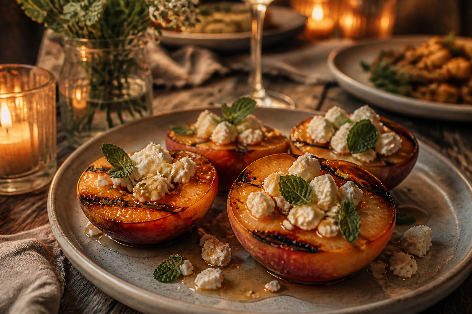 15 Grilled Steak Side Dish Ideas 29 Grilled peaches with honey, goat cheese, and mint on ceramic plate