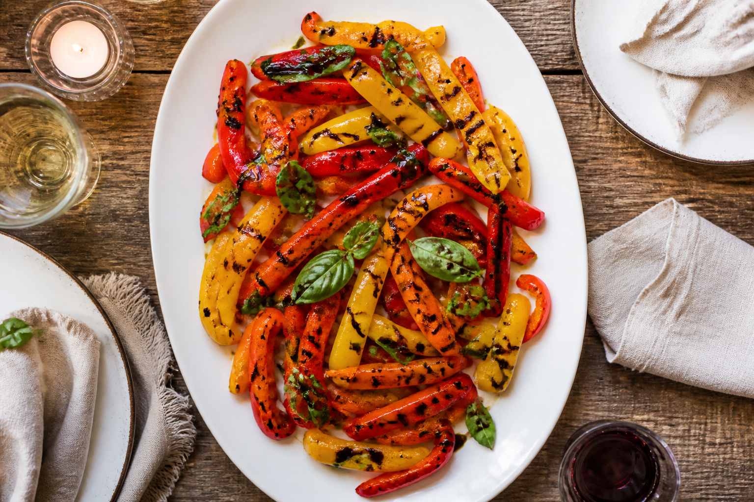 15 Grilled Steak Side Dish Ideas 21 Grilled bell pepper strips in multiple colors with balsamic glaze and basil