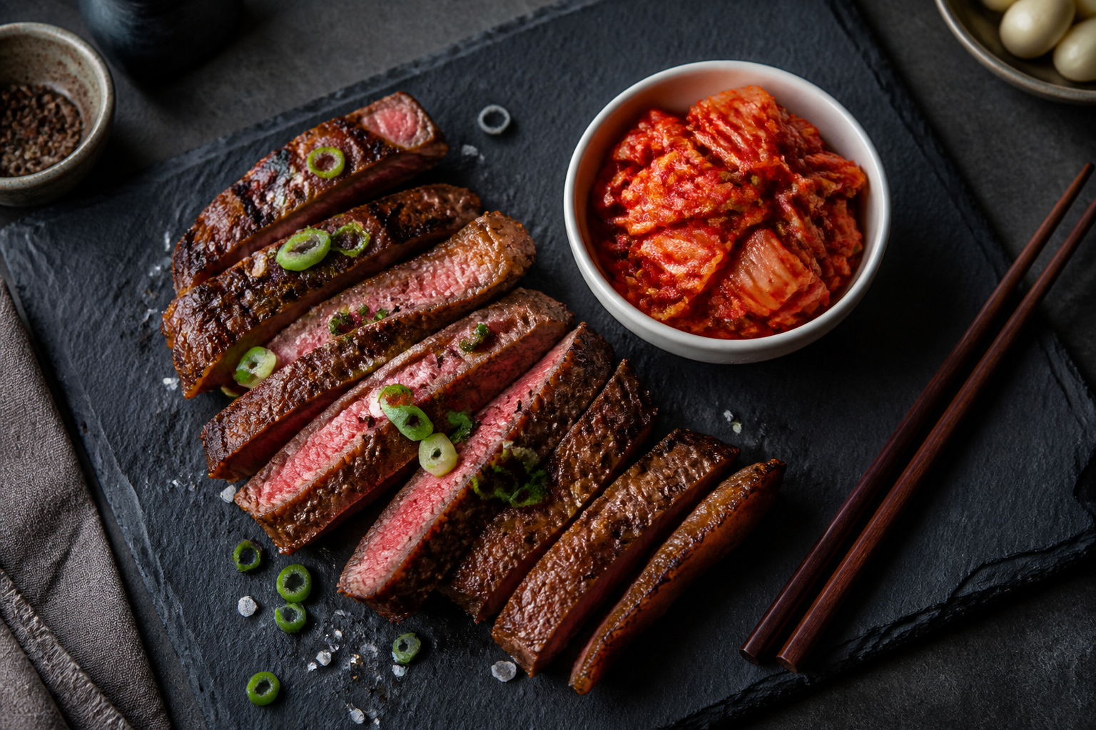 15 Grilled Steak Side Dish Ideas 30 Korean kimchi in white bowl next to sliced grilled steak on slate board