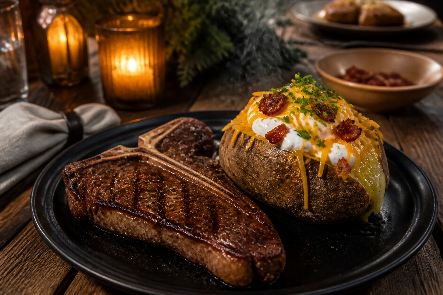 15 Grilled Steak Side Dish Ideas 18 Loaded baked potato with sour cream, bacon, and cheese beside grilled T-bone steak