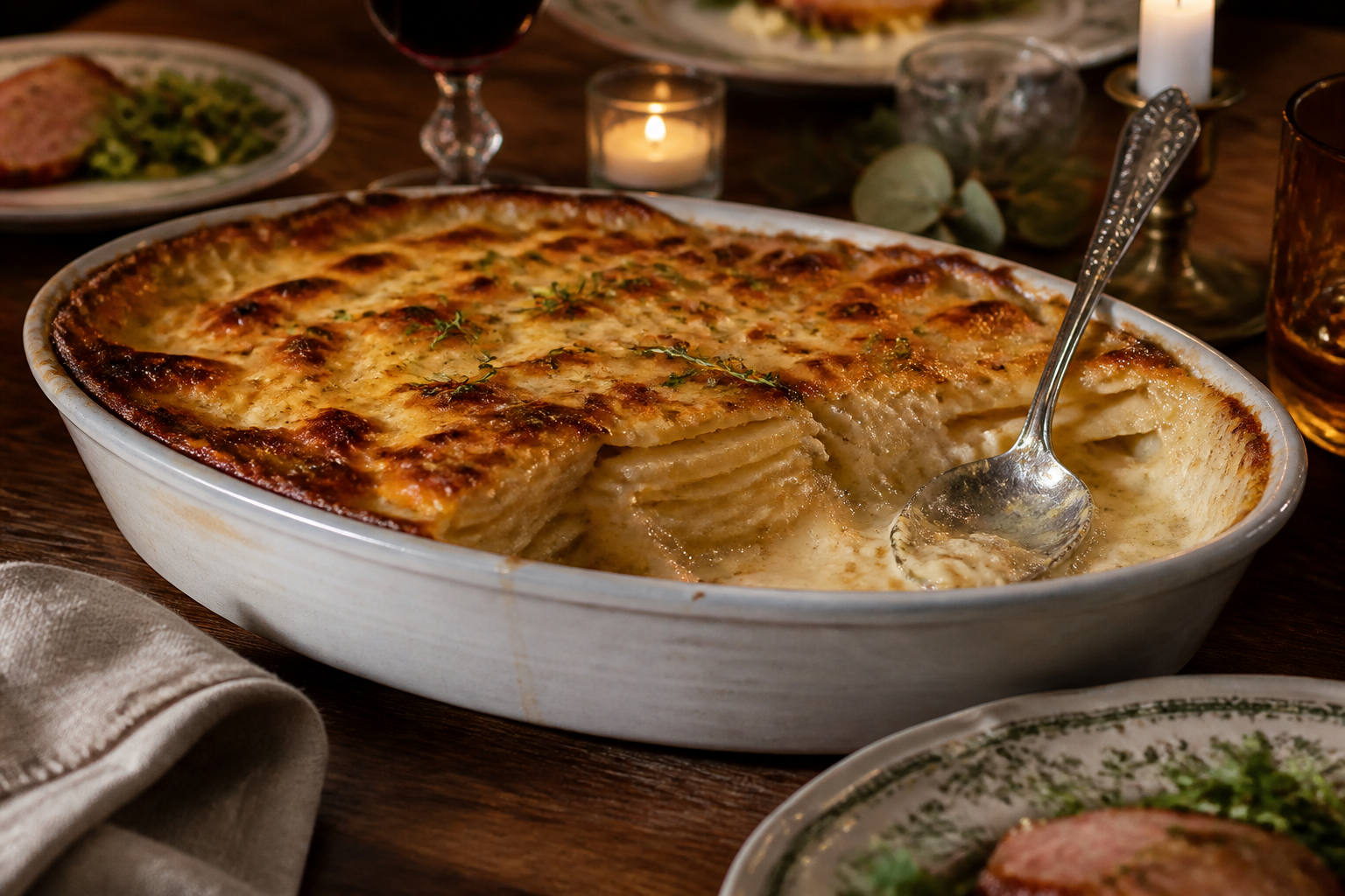 15 Grilled Steak Side Dish Ideas 24 Creamy potato gratin with golden crust and layered potato slices in baking dish