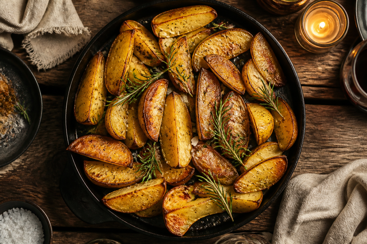 15 Grilled Steak Side Dish Ideas 23 Crispy roasted potato wedges with rosemary and garlic on cast iron platter