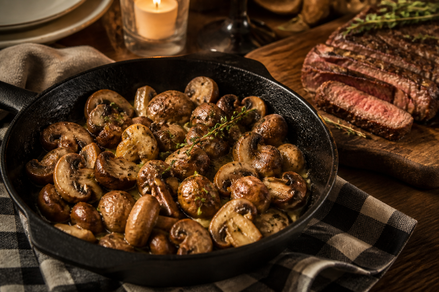 15 Grilled Steak Side Dish Ideas 19 Sautéed mushrooms in cast iron skillet with butter and garlic beside sliced steak