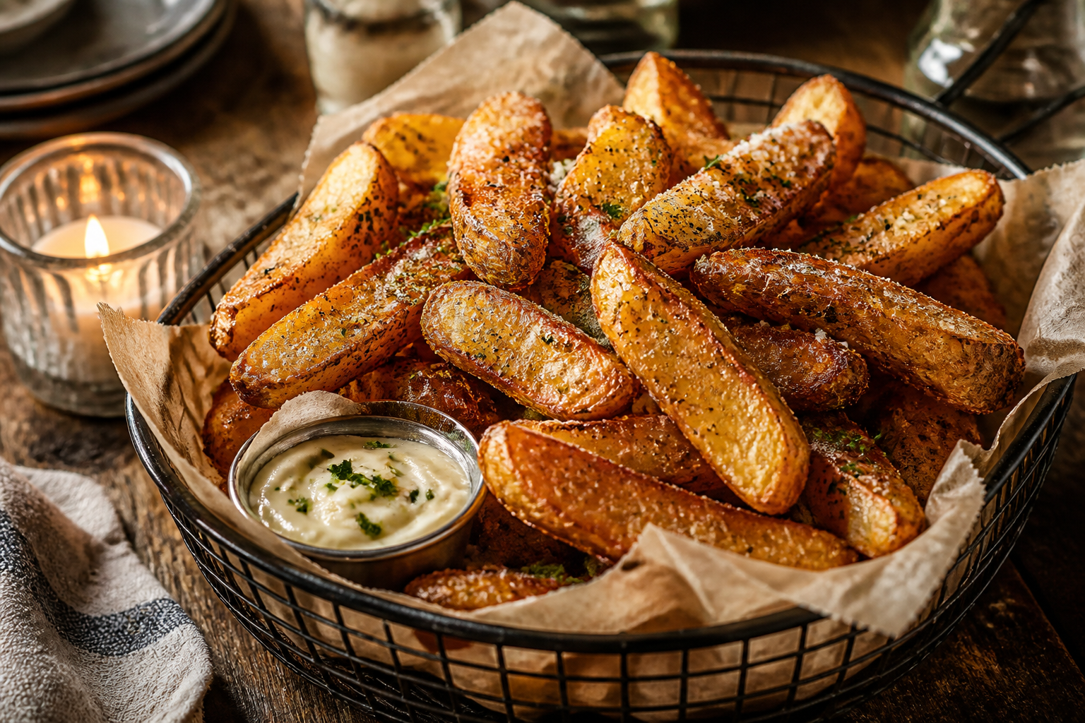 15 Grilled Steak Side Dish Ideas 25 Thick-cut steak fries with sea salt and garlic aioli in metal basket
