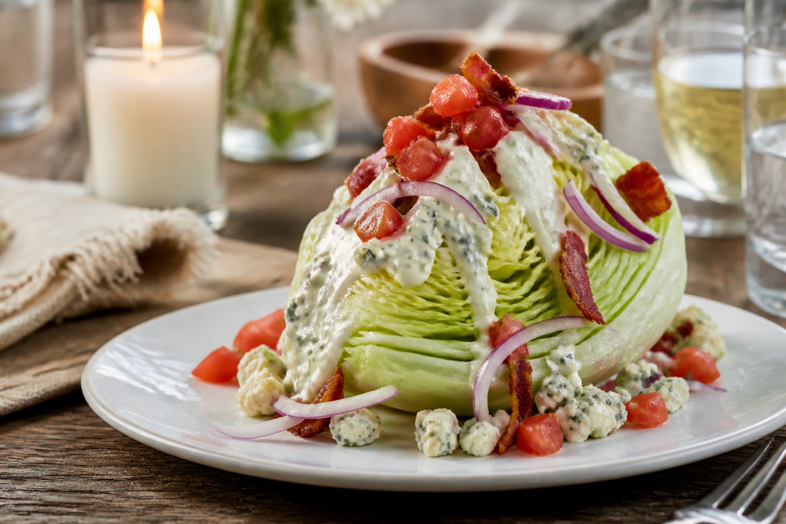 15 Grilled Steak Side Dish Ideas 26 Classic wedge salad with blue cheese dressing, bacon, and tomatoes on white plate