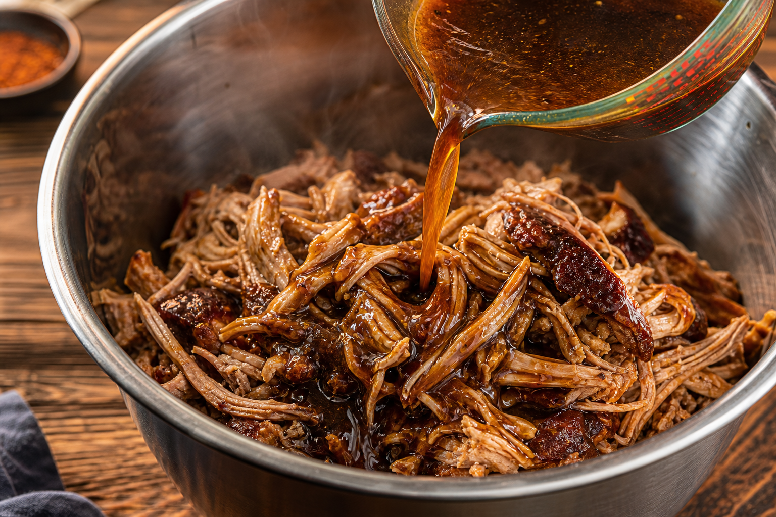 Cooking liquid being poured over dry pulled pork in a bowl