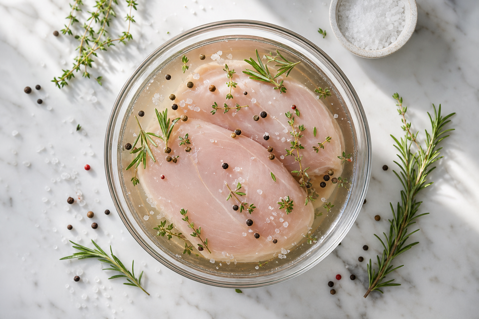 Raw chicken breasts in brine solution with salt and herbs