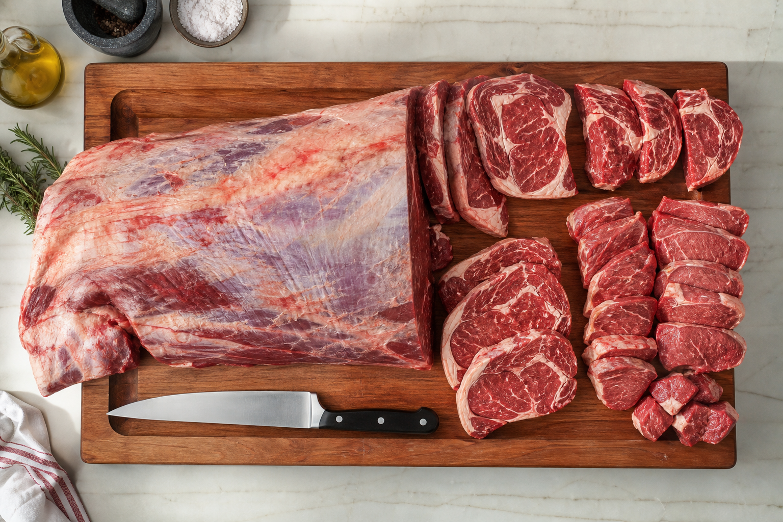 10 Tips to Save Money on Meat at Costco 7 Whole beef sub-primal cut on cutting board with knife ready for portioning