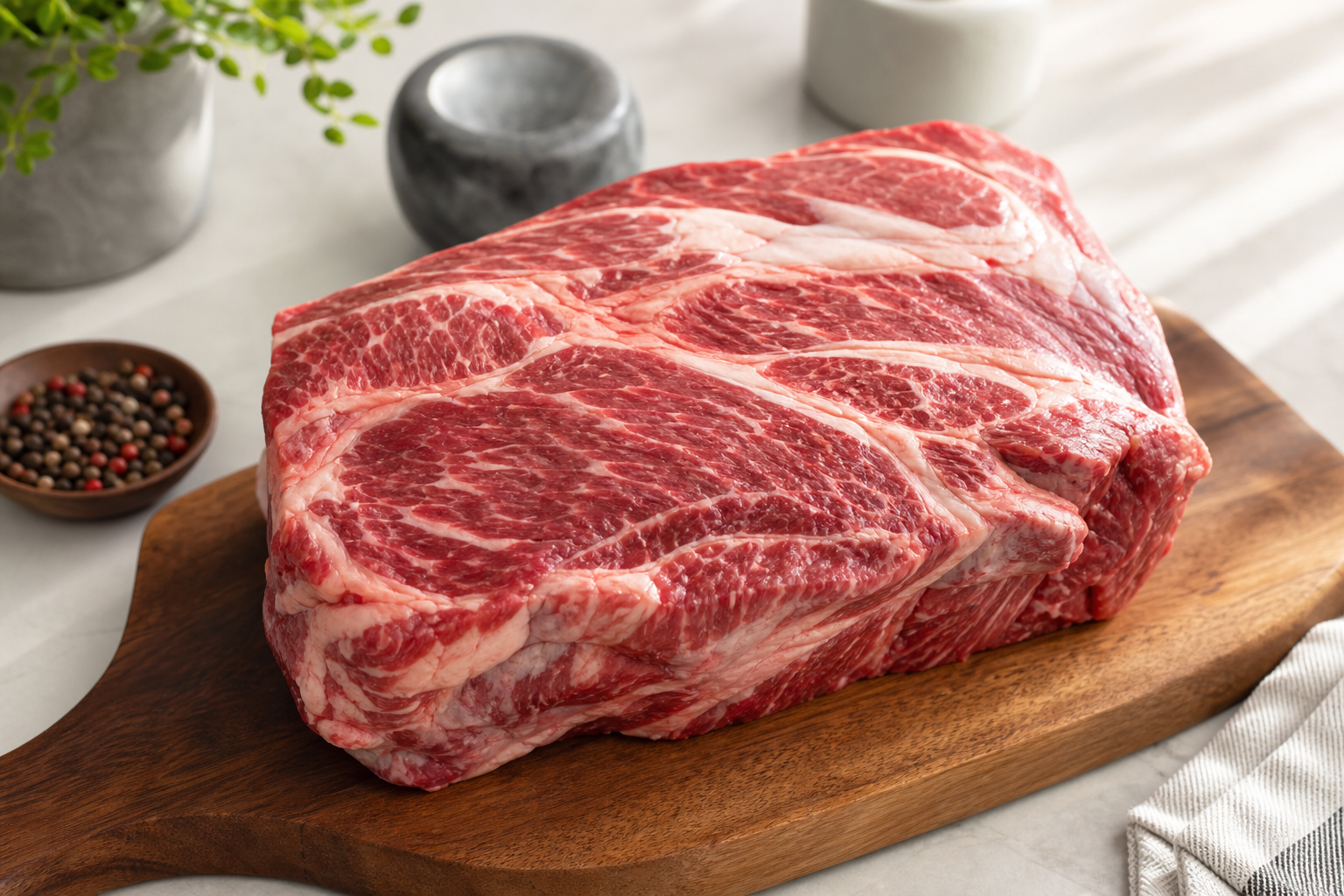 Raw chuck roast displaying marbling on wooden cutting board