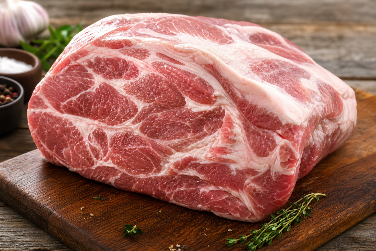 Best Pork Cuts for Smoking: Ranked Guide with Times & Temps 6 Raw pork butt (Boston butt) on wooden cutting board showing marbling and fat cap