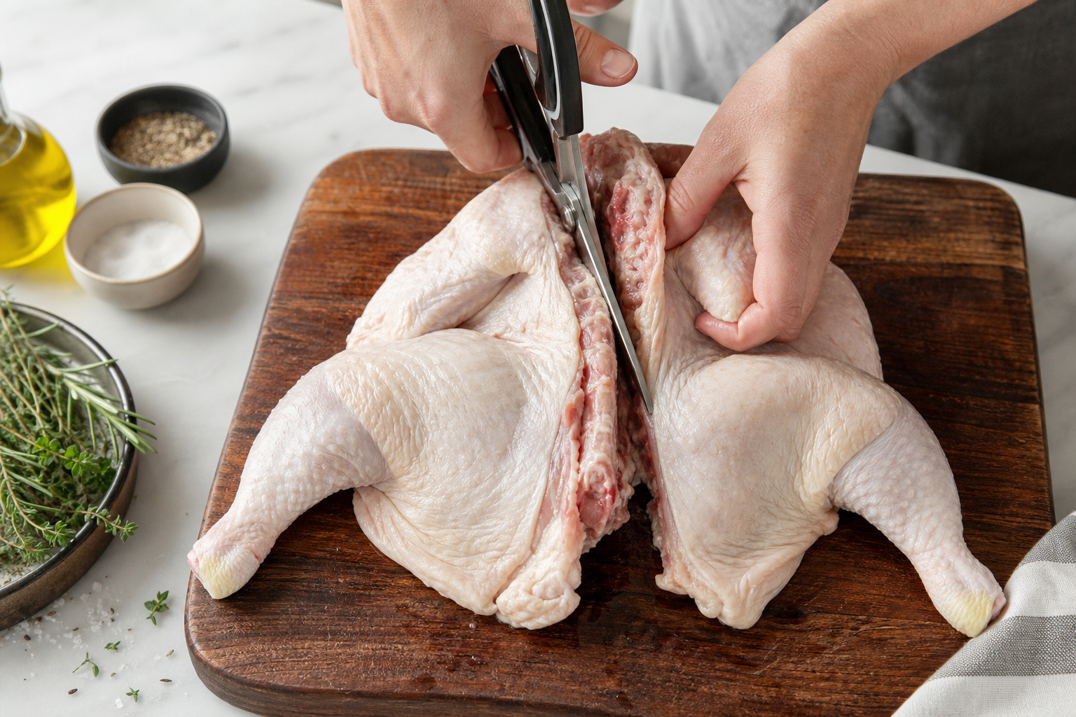 5 Techniques for Perfectly Roasted Whole Chicken 7 Kitchen shears cutting along chicken backbone to spatchcock the bird