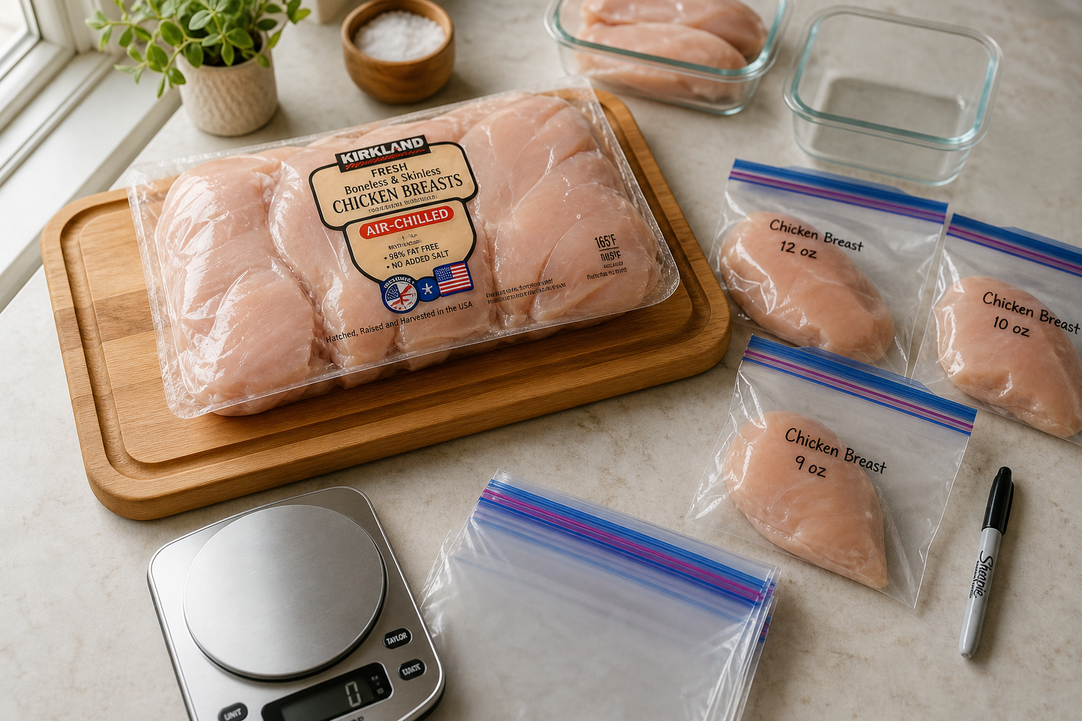 8 Smart Ways to Save Money on Meat at the Grocery Store 7 Bulk meat package being portioned into individual freezer bags on kitchen counter