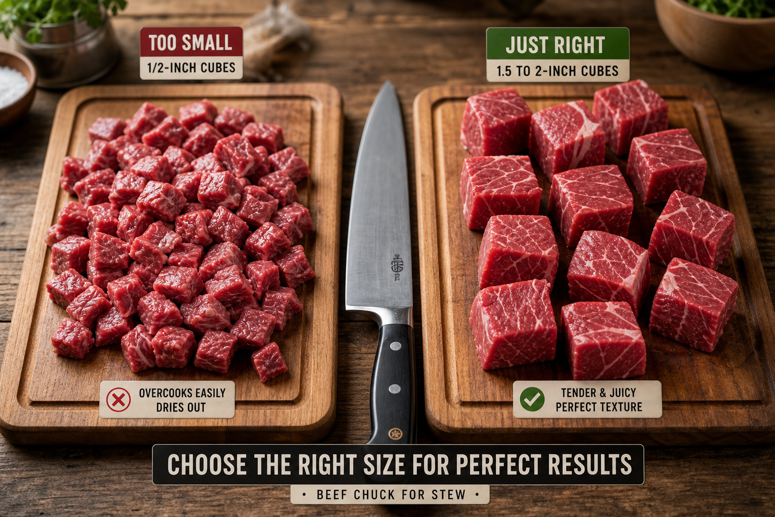 Comparison of small versus properly sized beef stew cubes on cutting boards