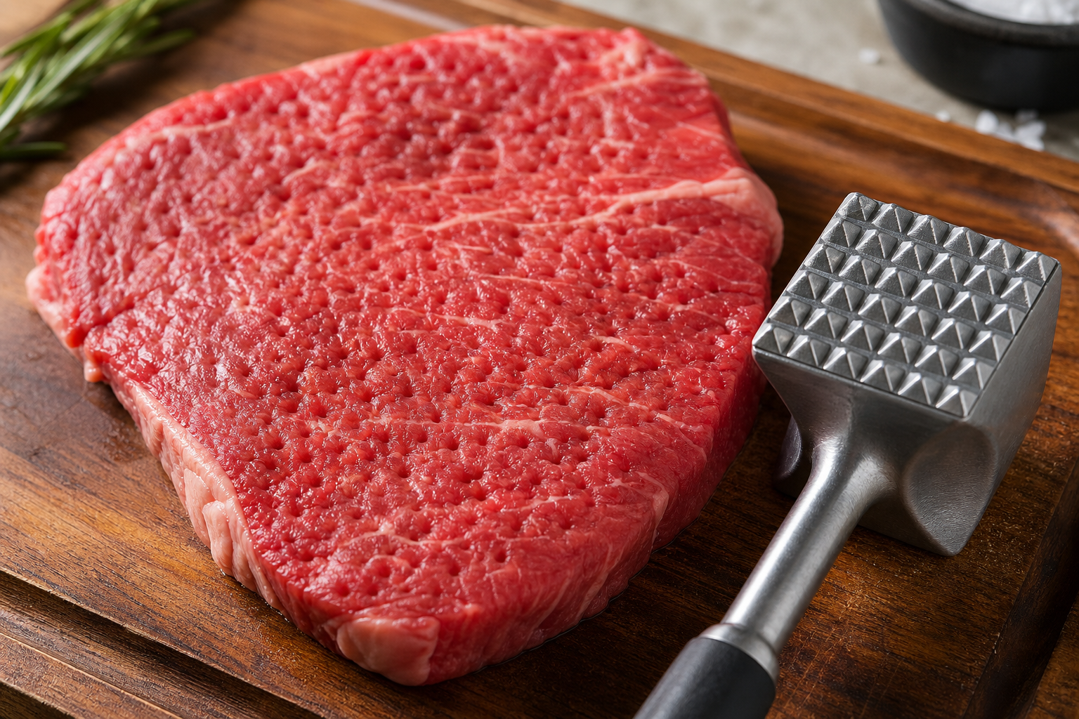 Meat tenderizer mallet next to raw steak on cutting board