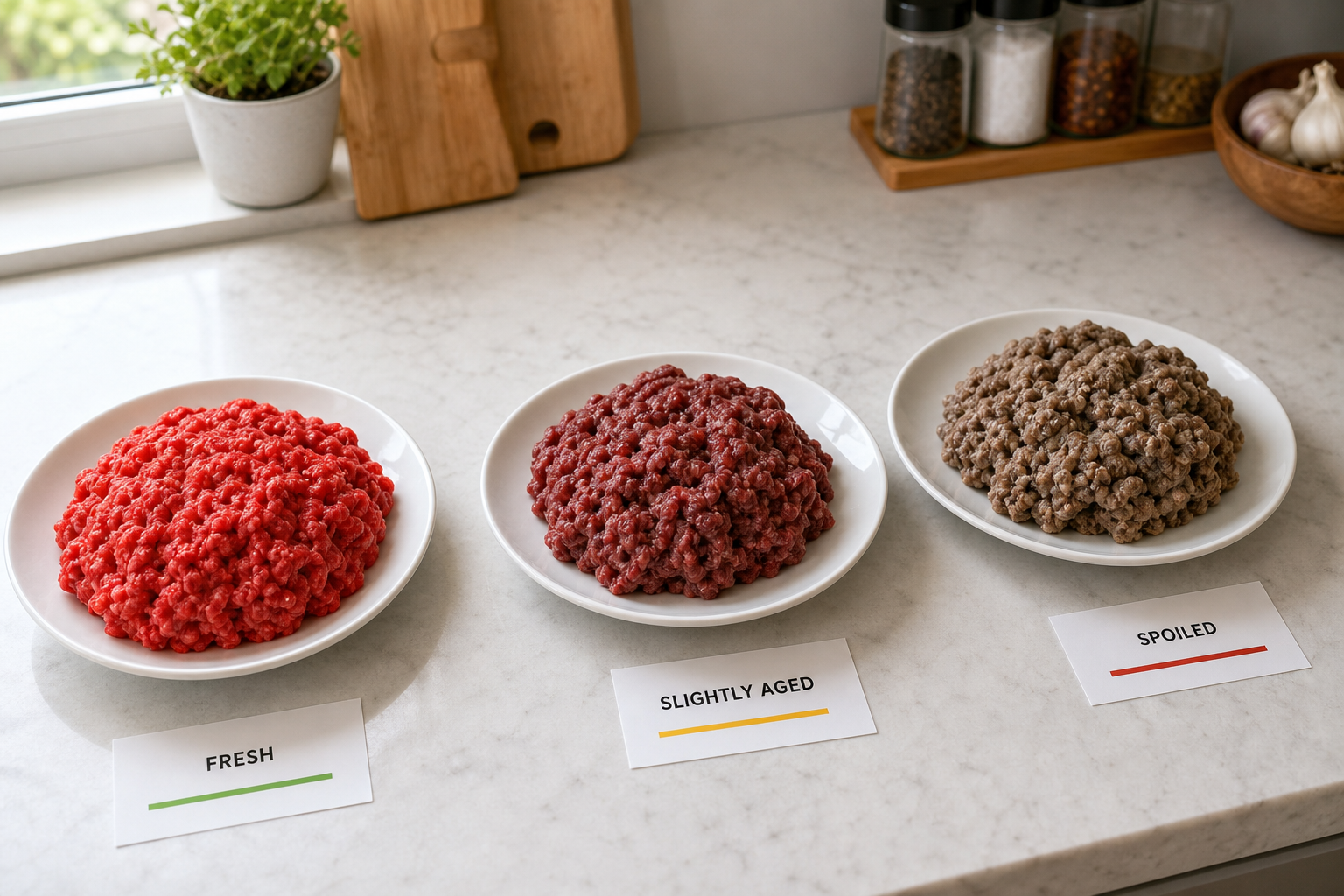 5 Checks to Tell If Ground Beef Has Gone Bad 6 Three portions of ground beef showing color progression from fresh red to spoiled gray-brown