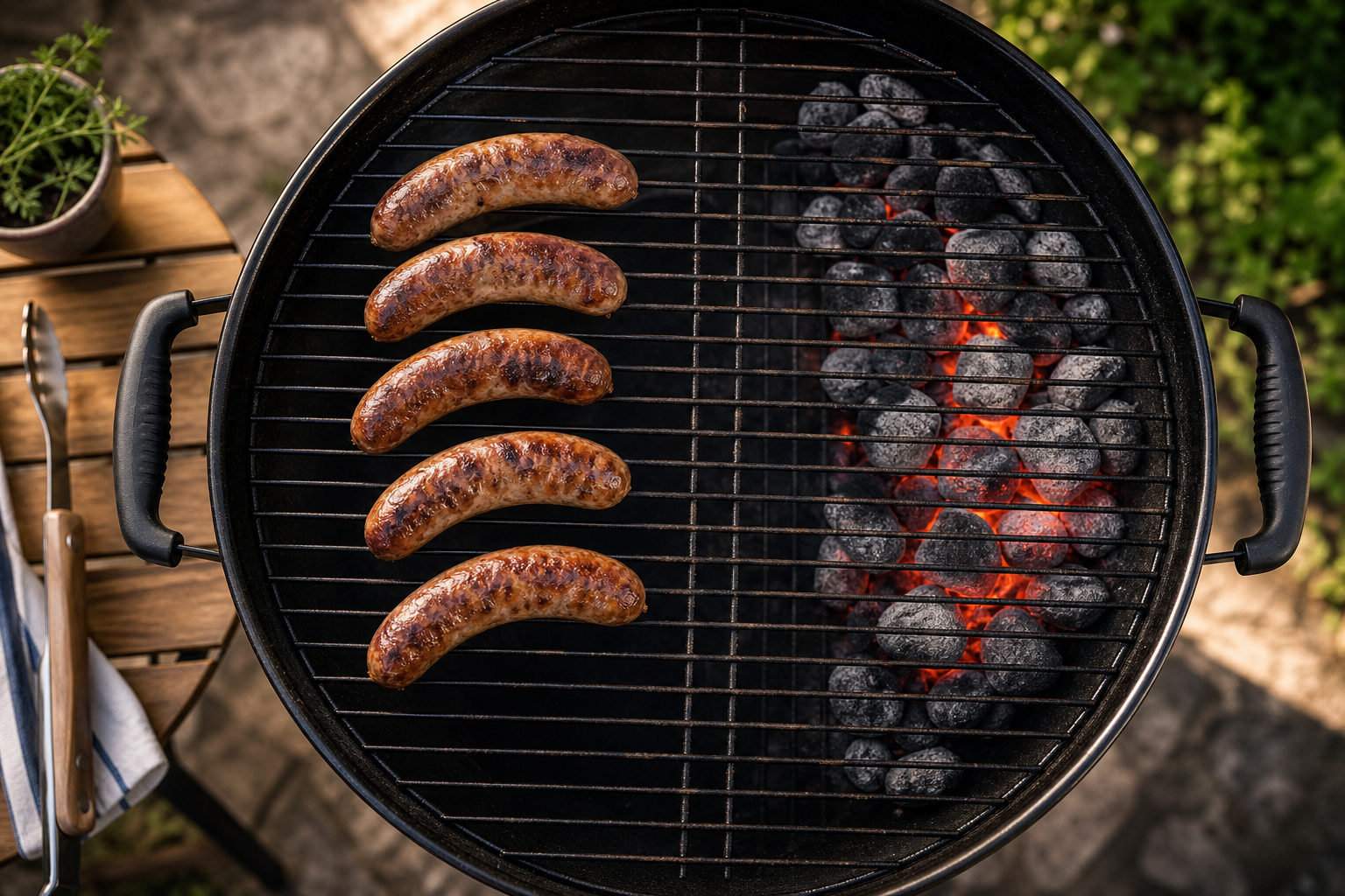 Sausages cooking on indirect heat zone of grill with coals on opposite side