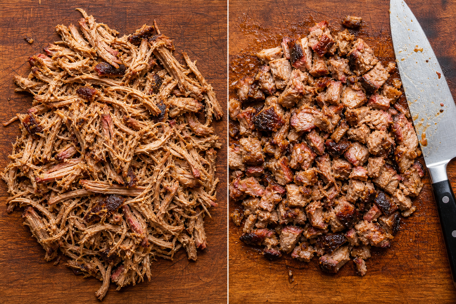 Comparison of shredded versus chopped pulled pork on cutting board