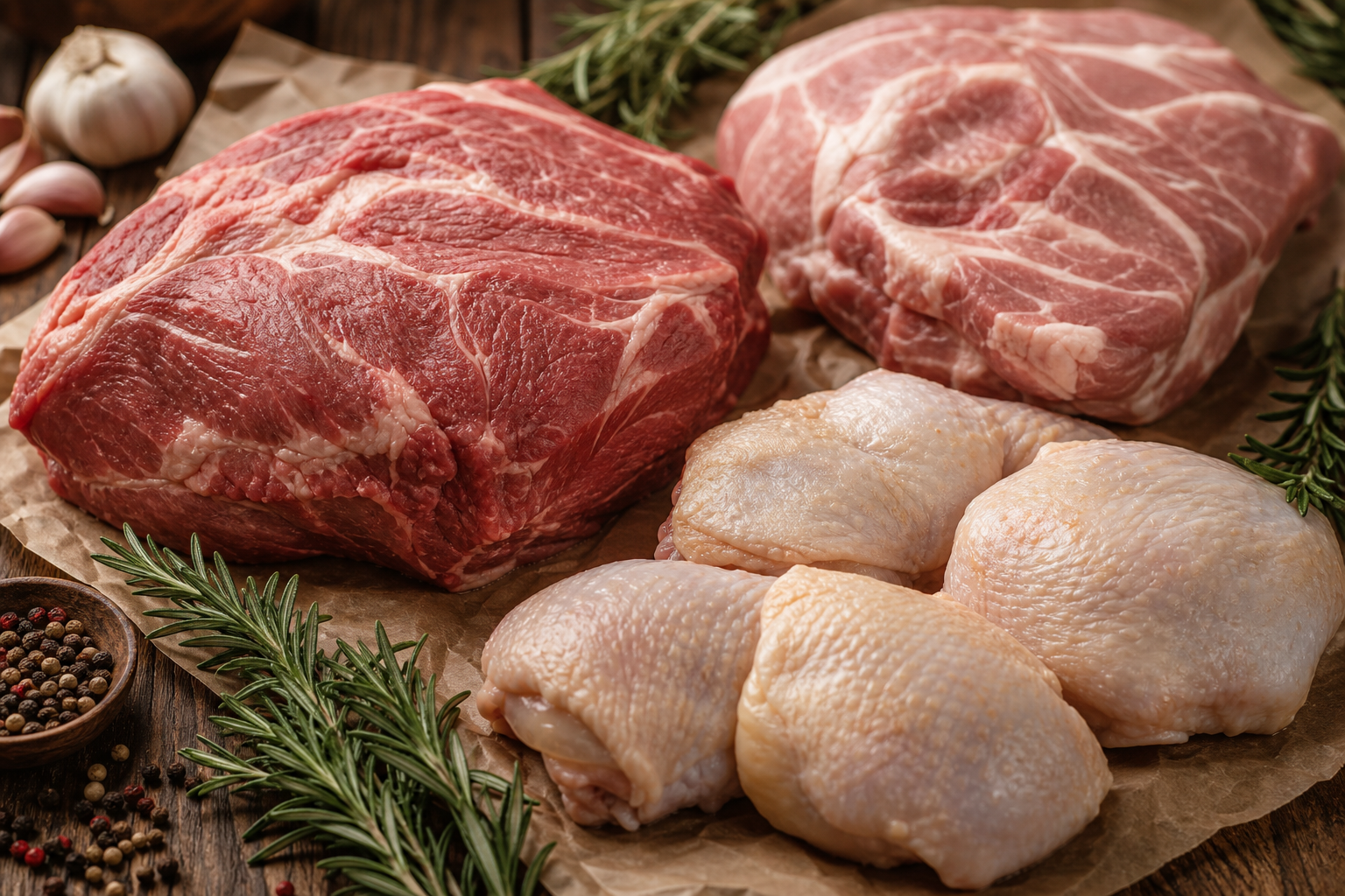 8 Smart Ways to Save Money on Meat at the Grocery Store 9 Assortment of affordable meat cuts including chuck roast, pork shoulder, and chicken thighs