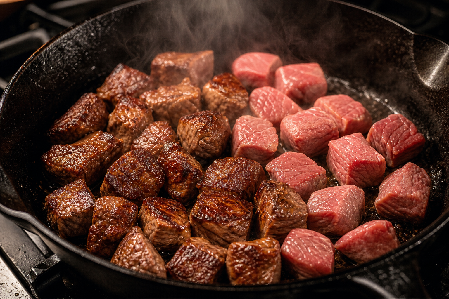 Beef cubes in cast iron skillet showing seared versus unseared meat