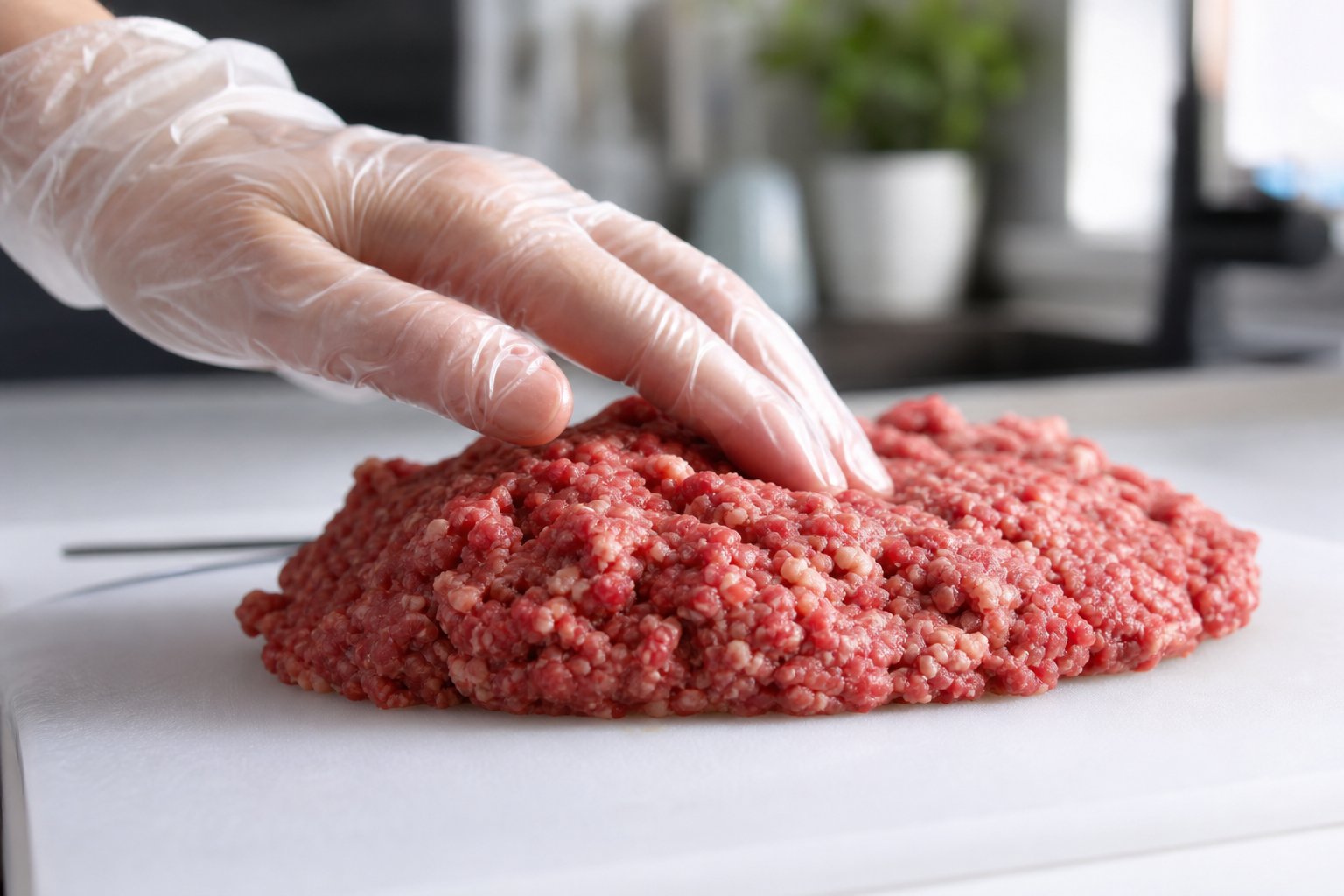 5 Checks to Tell If Ground Beef Has Gone Bad 7 Gloved hand performing texture check on raw ground beef on cutting board