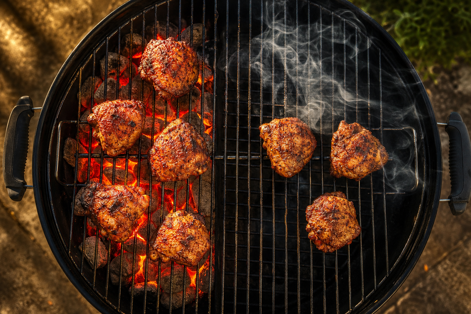 Charcoal grill showing two-zone heat setup with chicken pieces