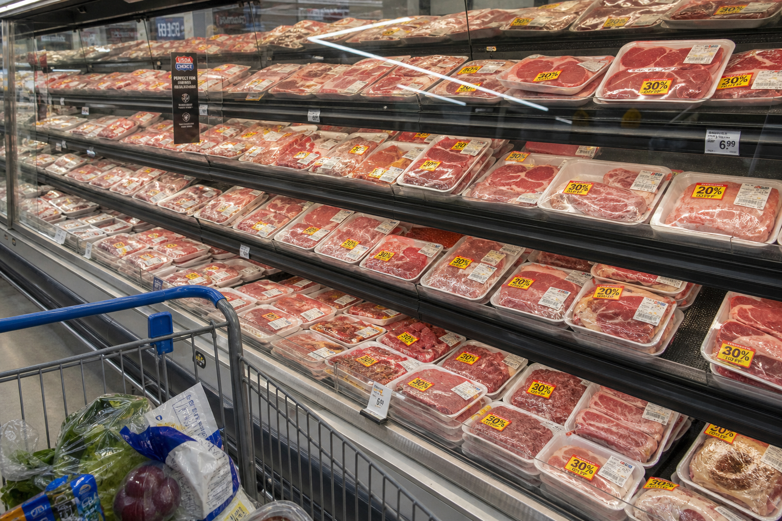 8 Smart Ways to Save Money on Meat at the Grocery Store 10 Grocery store refrigerated meat case with discounted markdown packages