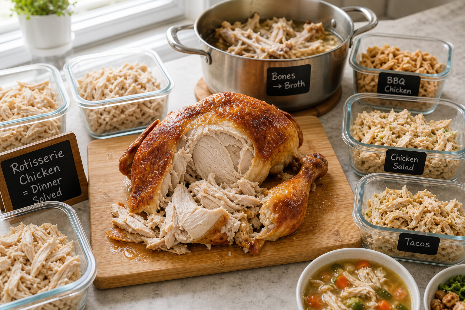 10 Tips to Save Money on Meat at Costco 9 Rotisserie chicken being repurposed into multiple meals with containers and broth pot