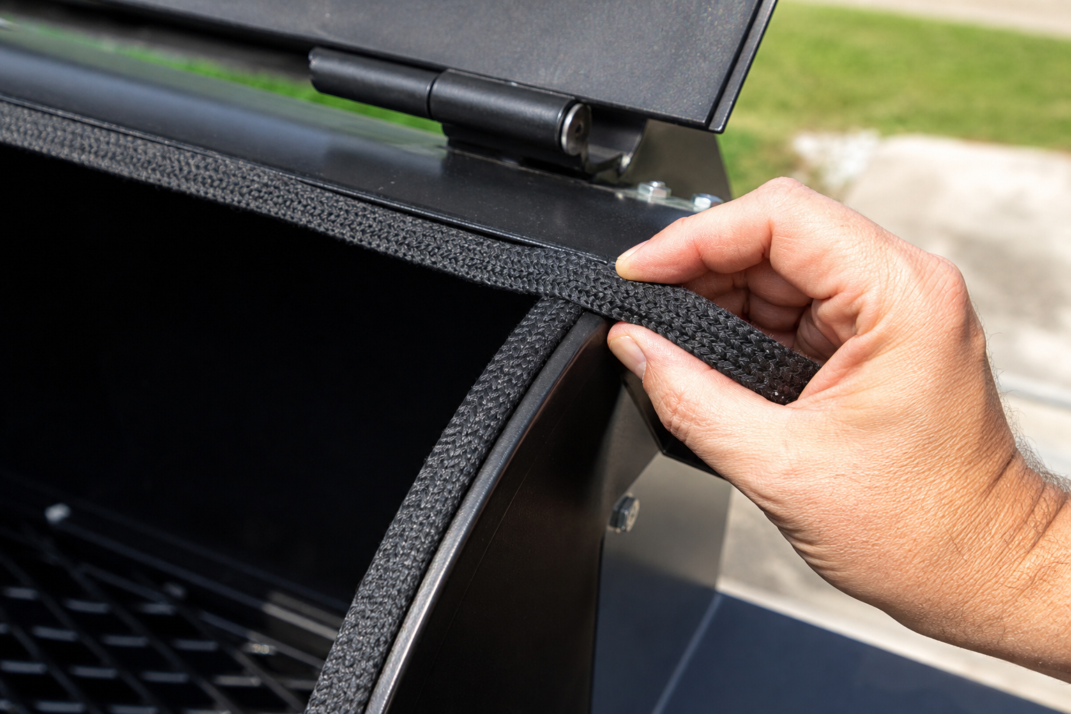 7 Ways to Fix Temperature Swings in Your Smoker 11 High-temperature gasket being installed on smoker lid edge
