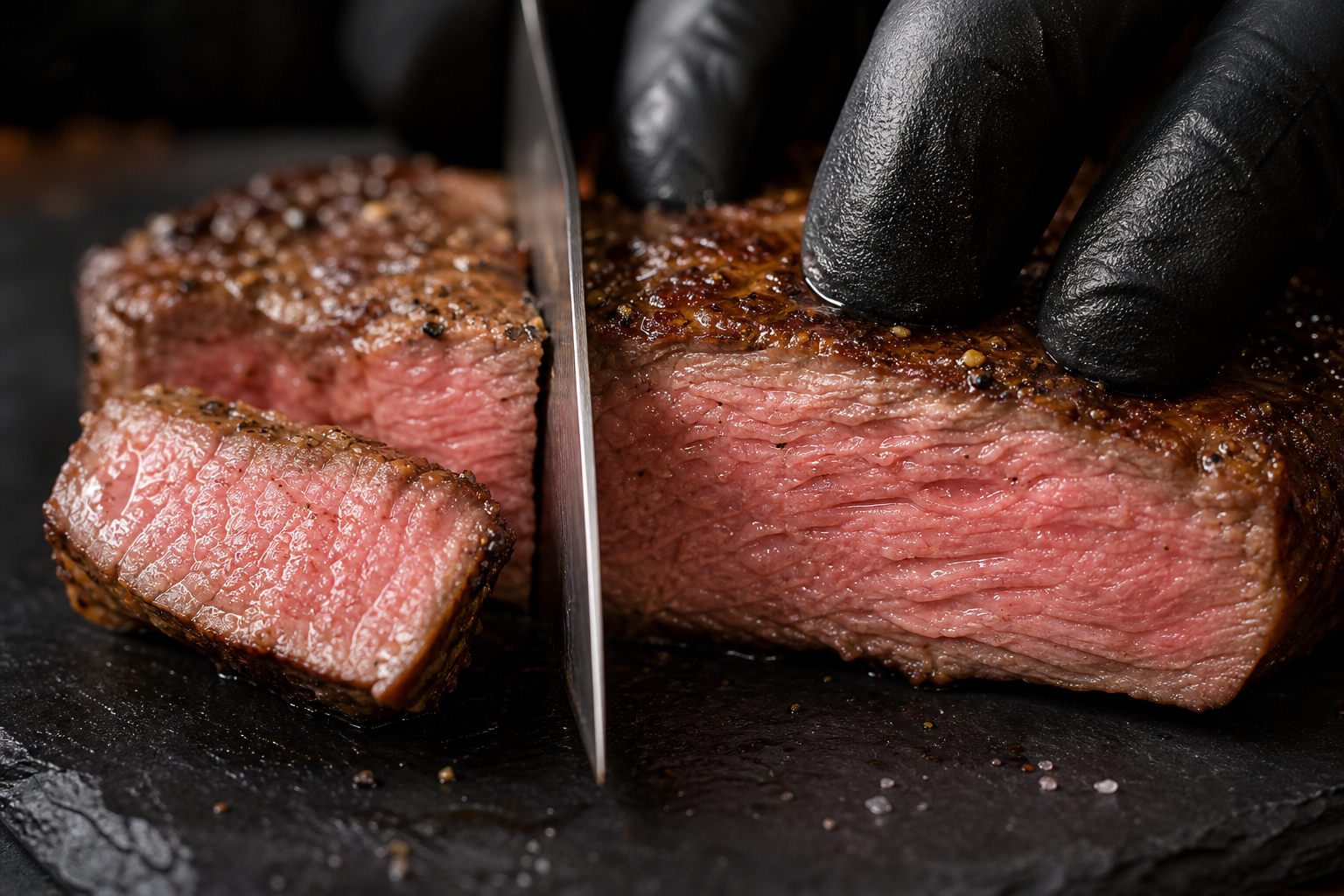 Knife slicing cooked steak perpendicular to the muscle grain