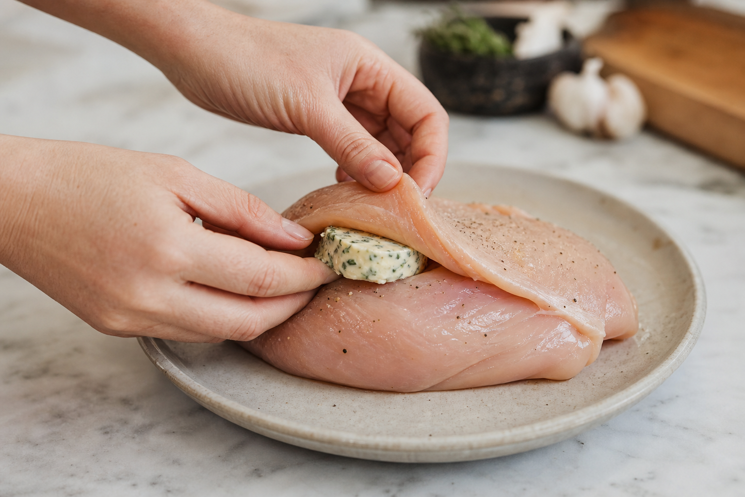 5 Techniques for Perfectly Roasted Whole Chicken 10 Hands placing herb butter under chicken skin before roasting