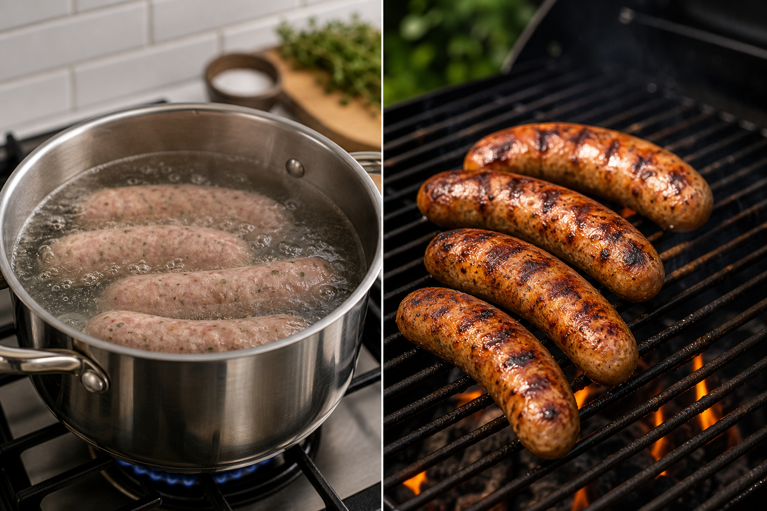 Two-stage cooking method showing sausages simmering in pot and then being seared on grill