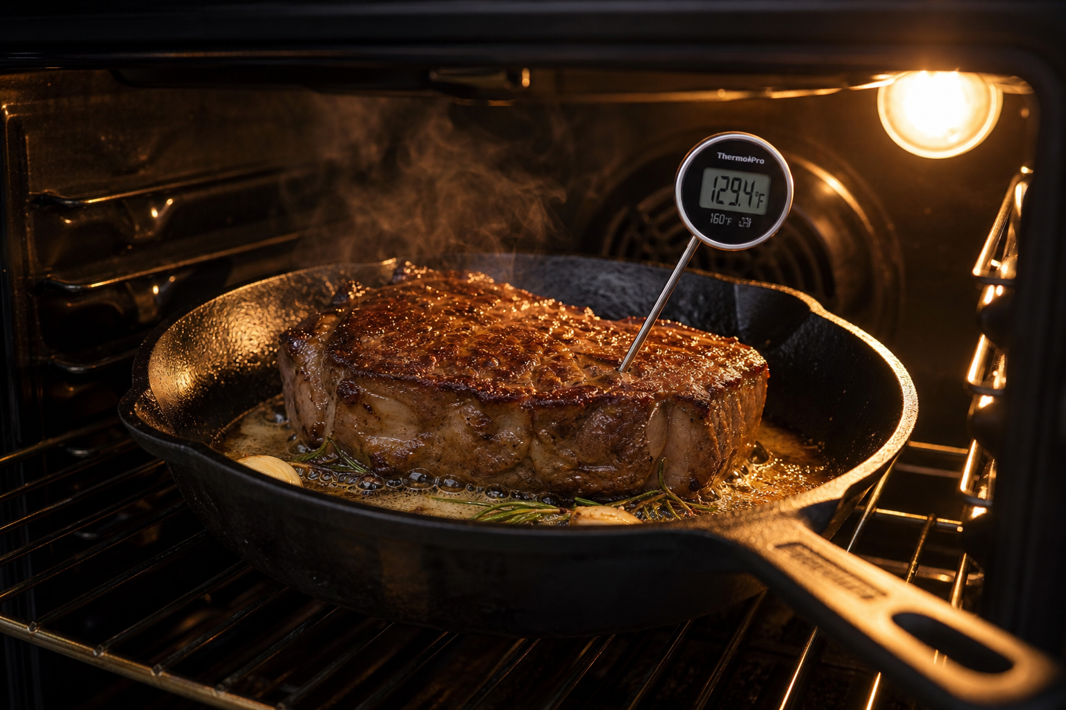 Steak cooking slowly in cast iron skillet inside oven