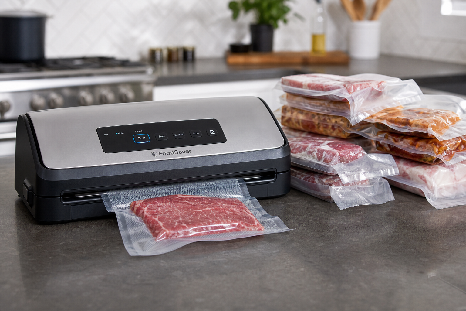 10 Tips to Save Money on Meat at Costco 10 Vacuum sealer machine sealing meat portions with sealed packages stacked nearby