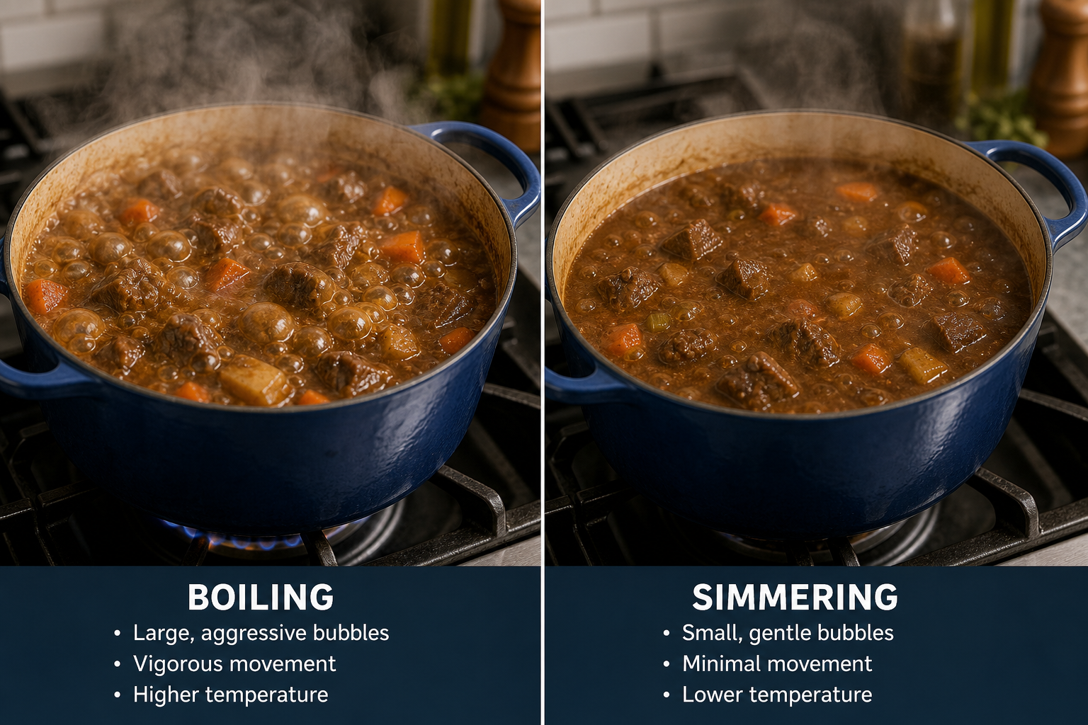Two pots showing the difference between boiling and simmering beef stew