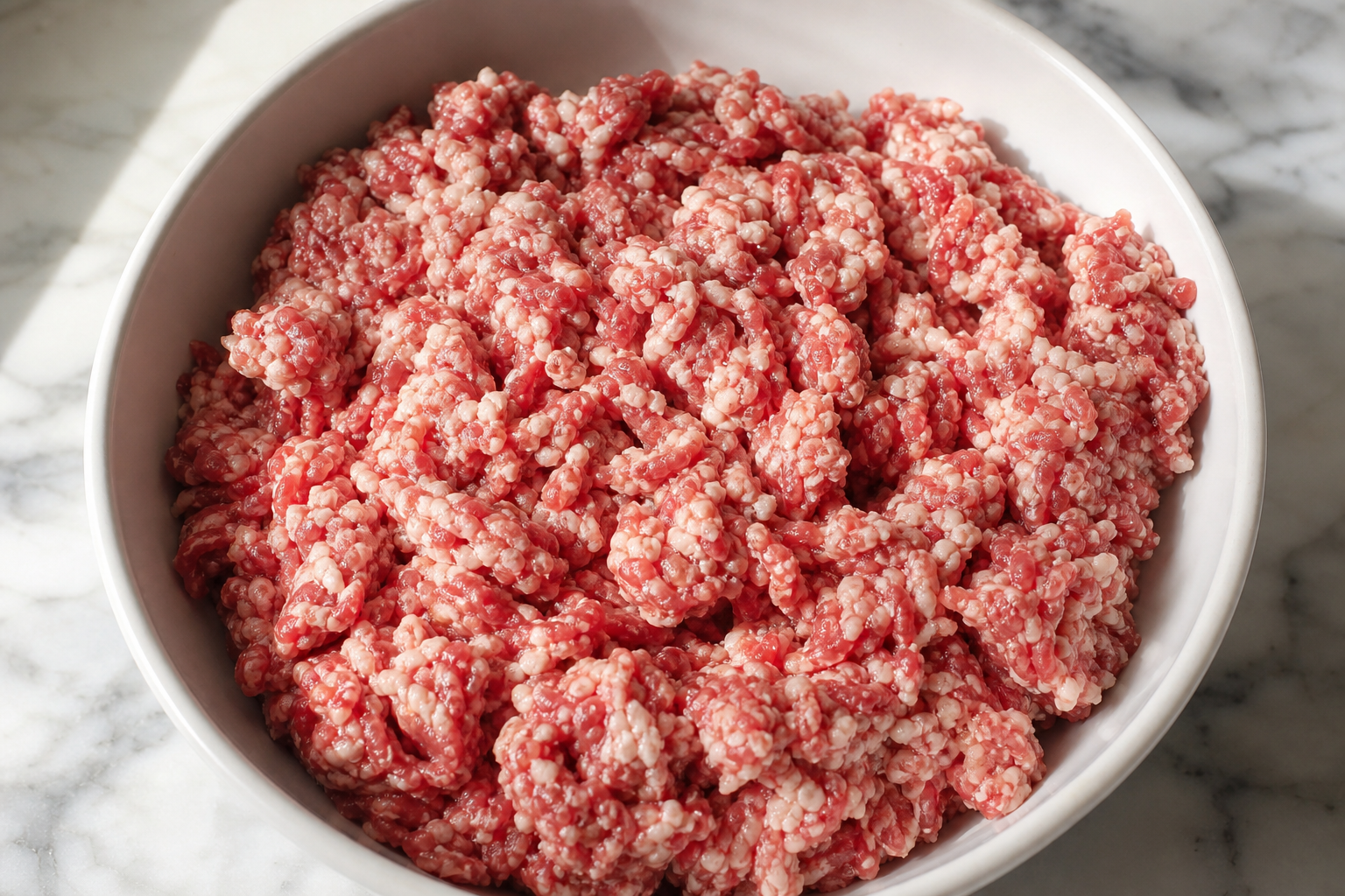 High-fat ground beef showing rich marbling and fat content